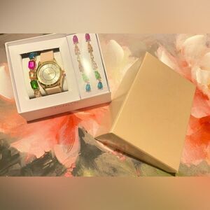 🛍️Simone Chic Golden Tone Glitter Rhinestone Pink Band 4PC watch set 💥